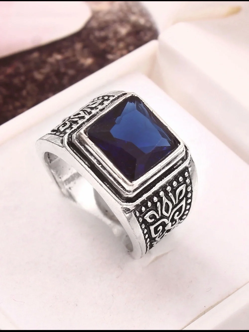 Men's 925 Silver Ring with Blue Square Gem